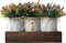 Decorative Centerpiece Wooden Tray with 3 Metal Potted Artificial Milan Flowers Rustic Country Farmhouse Décor for Dining Room, Living Room and Kitchen Table